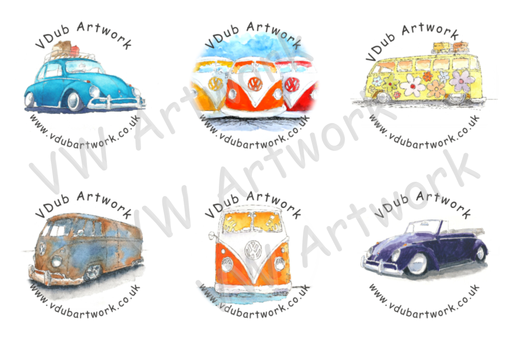 Promo stickers for VDub Artwork used at events